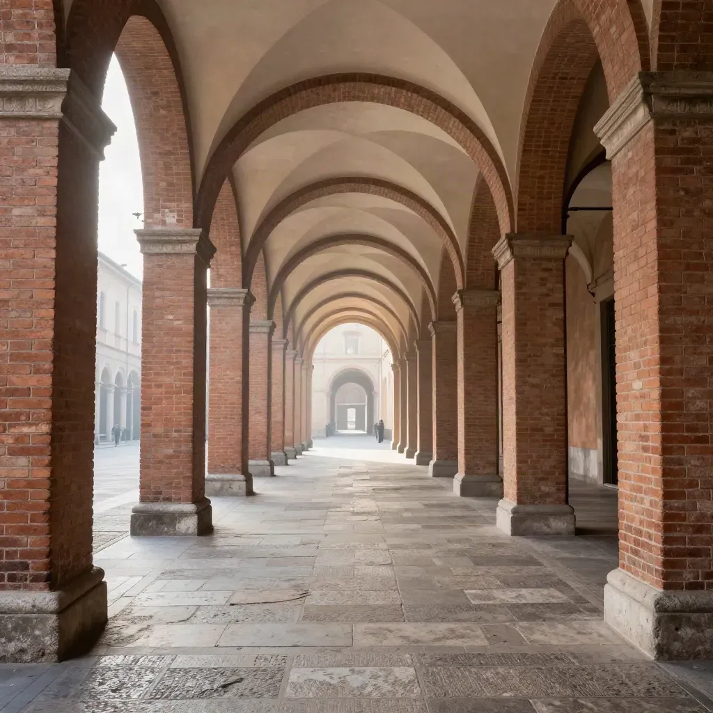 Portico bolognese all’alba, mattoni e colonne in prospettiva, luce morbida e pavimento consumato.