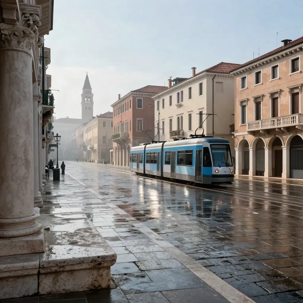Tram che entra in una piazza bagnata, facciate civiche e campanile sotto luce mattutina.