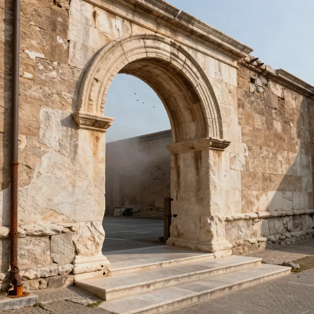 Facciata in travertino con arco antico, gradini consumati e piazzetta vuota al tramonto.