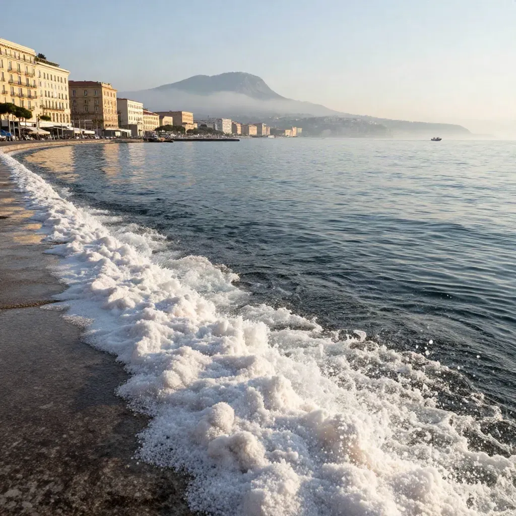 Il golfo di Napoli all’alba con scia di barca, facciate sul mare e foschia marina.
