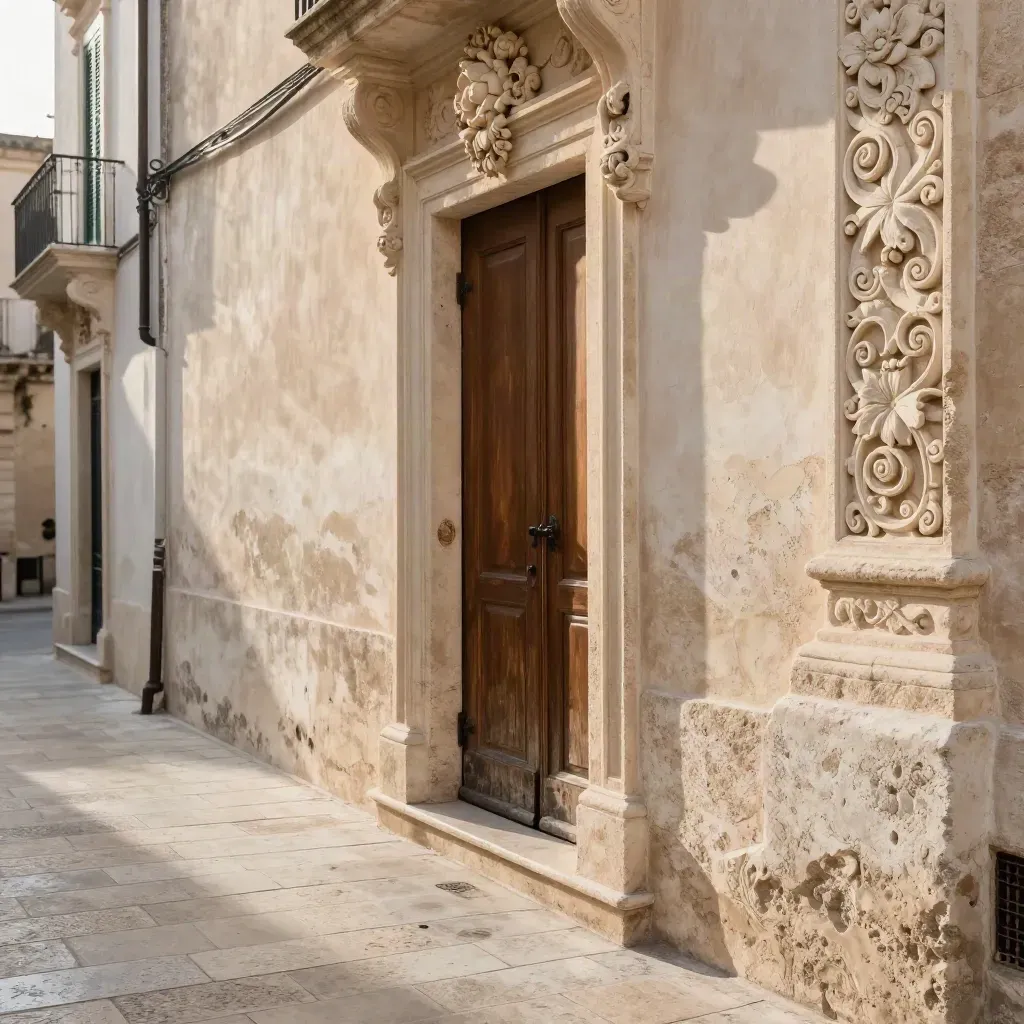 Vicolo di Lecce con pietra chiara, muro barocco e porta socchiusa al tramonto.