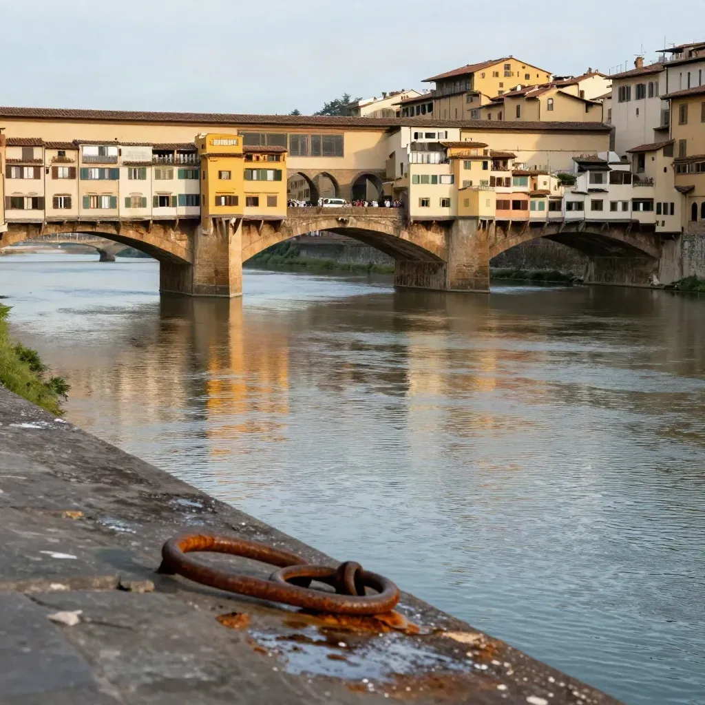 L’Arno a livello dell’acqua con ponte secondario, riflessi pomeridiani e facciate quotidiane.