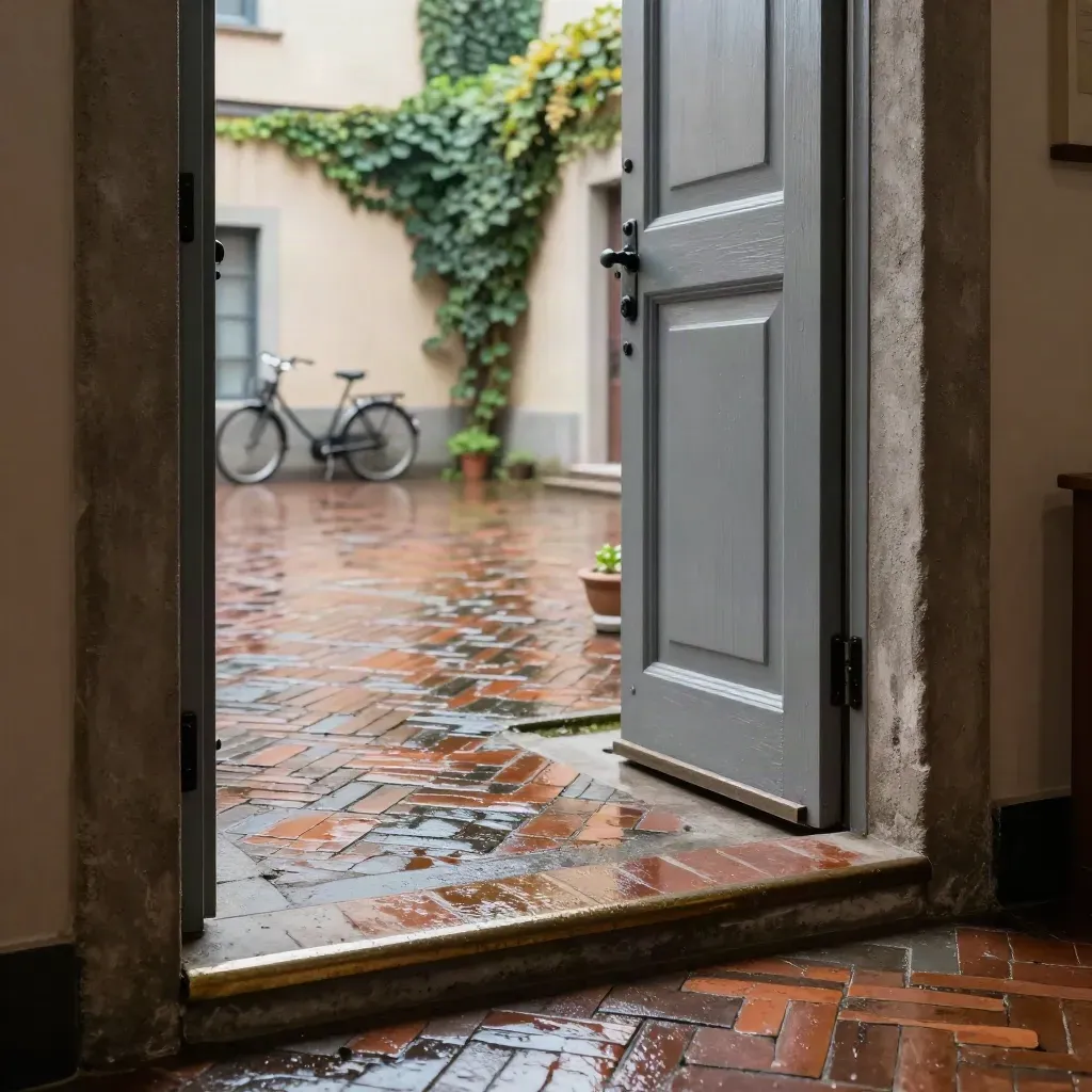 Portone milanese semiaperto su cortile nascosto con mattoni, edera e bici lontane.