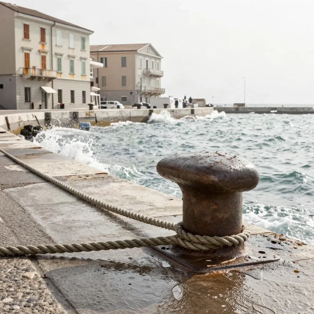 Bollardo e acqua increspata sul molo di Trieste, con facciate portuali sullo sfondo.