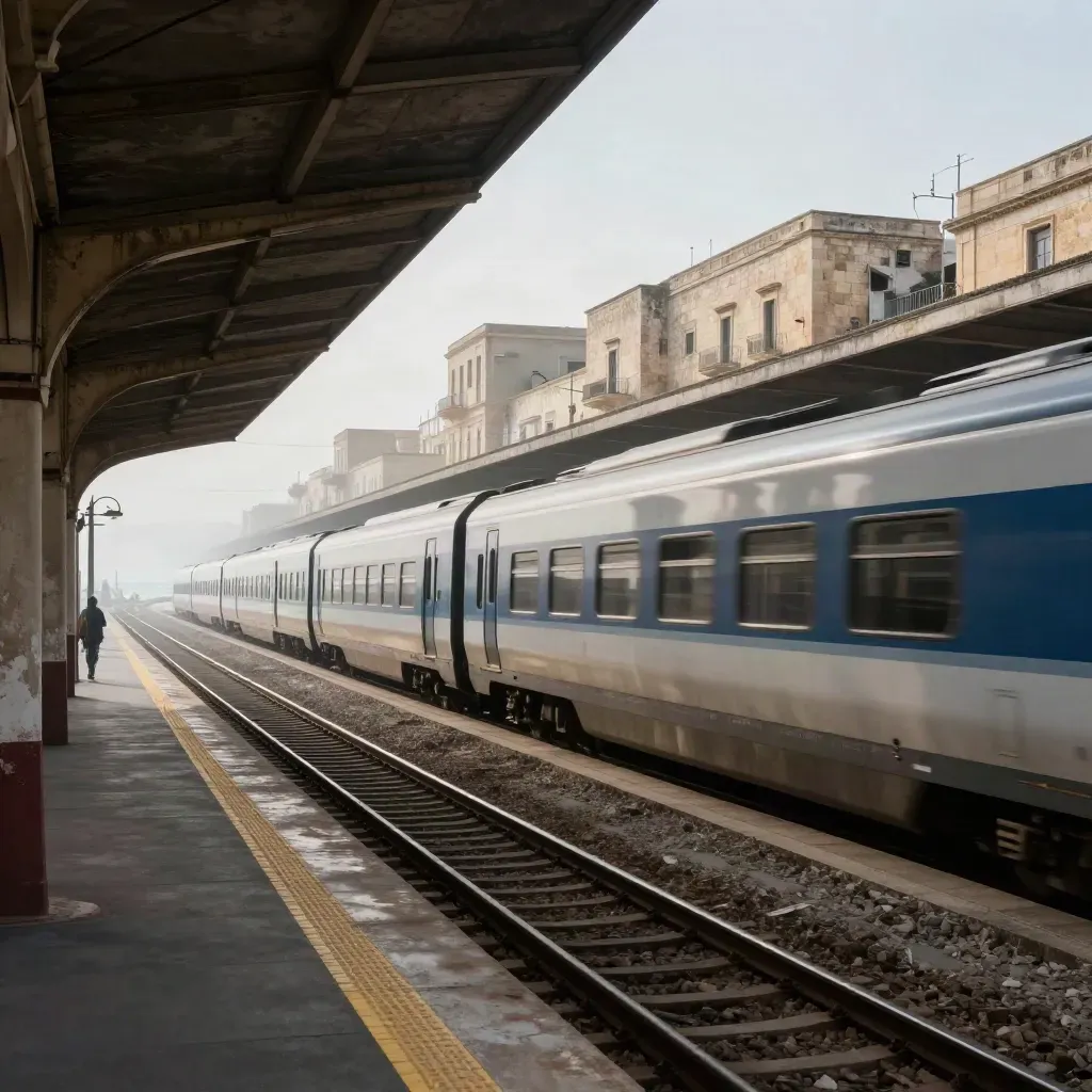 Binari e pensiline di Bari con un treno in partenza verso il mare in foschia