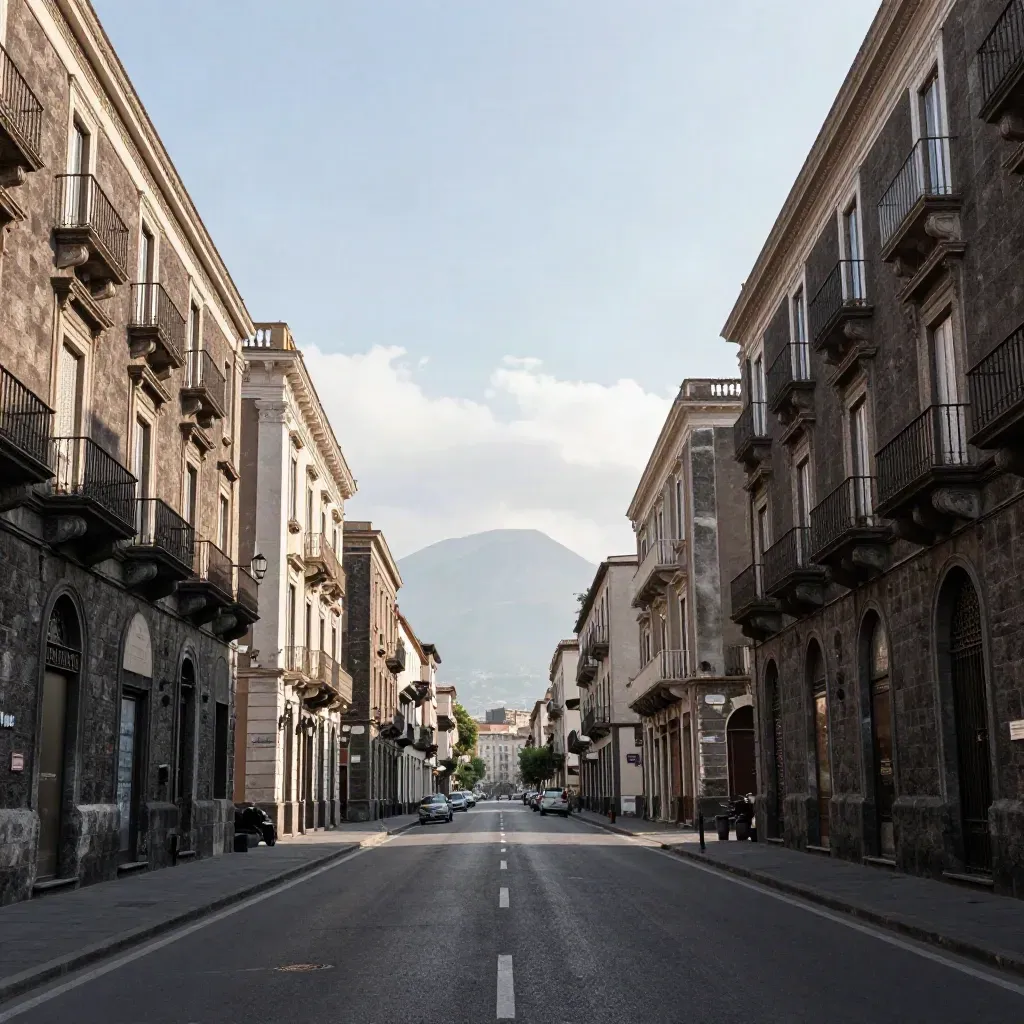 Grande viale di Catania con palazzi in pietra lavica e l’Etna velato sullo sfondo.