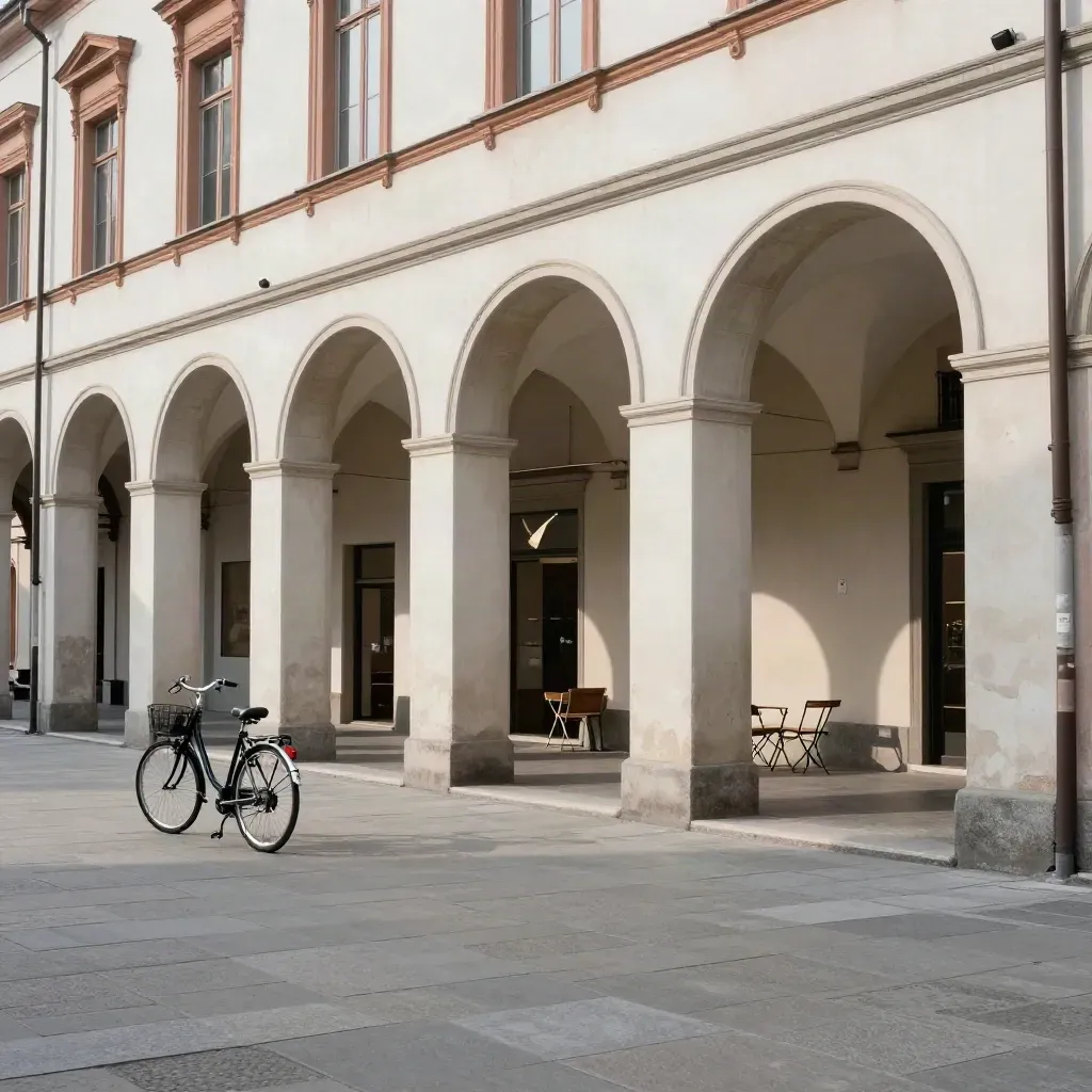 Piazza bassa di Parma sotto i portici, biciclette ferme e ombre morbide di metà mattina.
