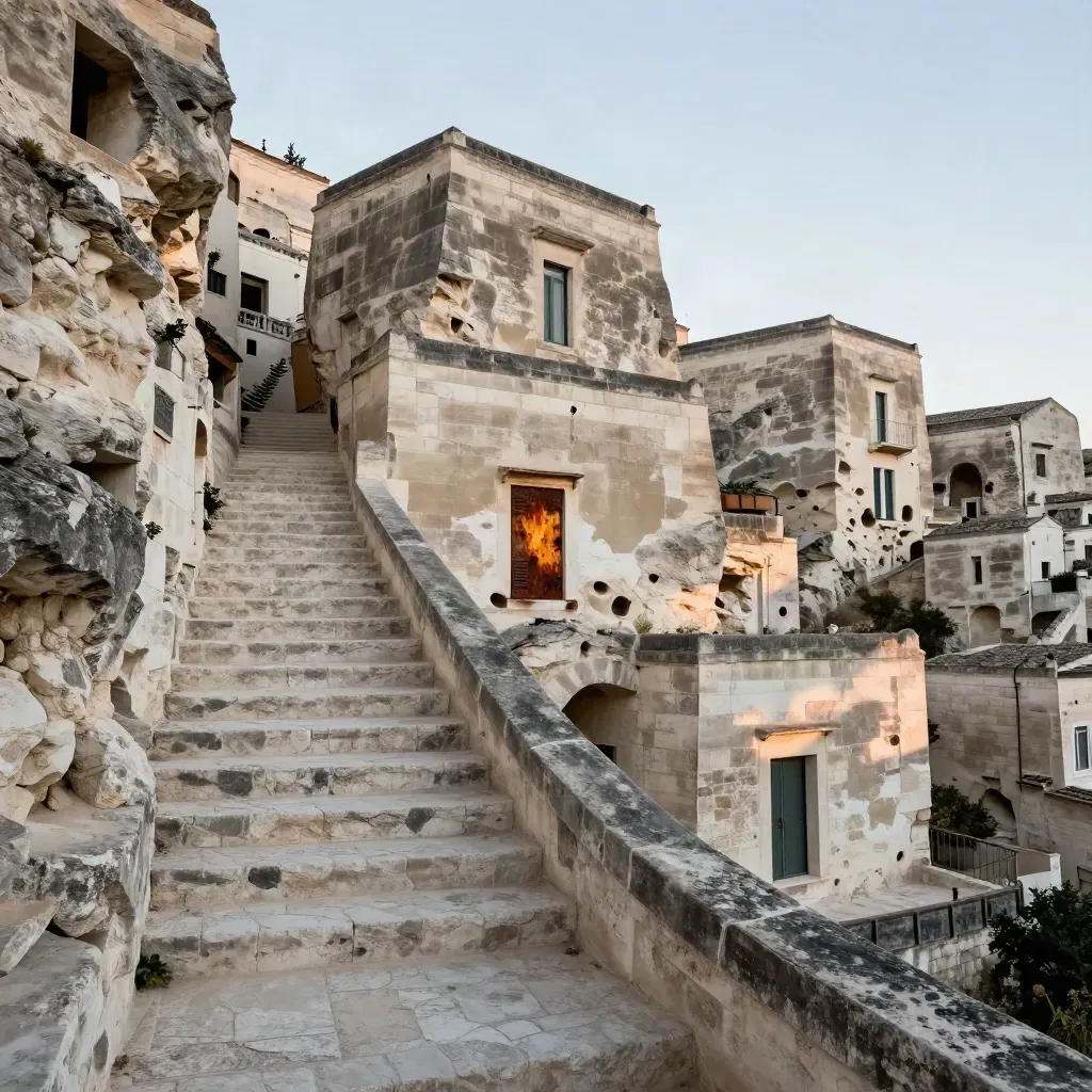 Scalinata di Matera tra case in pietra al tramonto, con luce radente e cielo aperto.