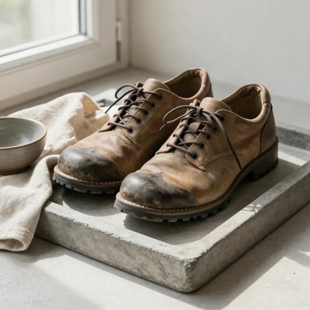 Scarpe da cammino consumate con lino piegato e ciotola in gres su vassoio