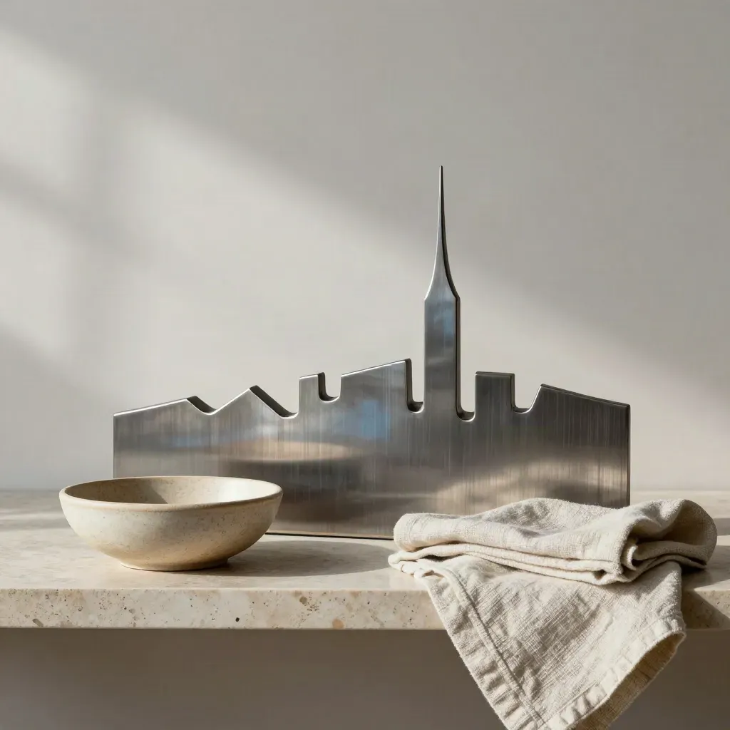 Scultura skyline in metallo con ciotola in ceramica e lino piegato su mensola in pietra.
