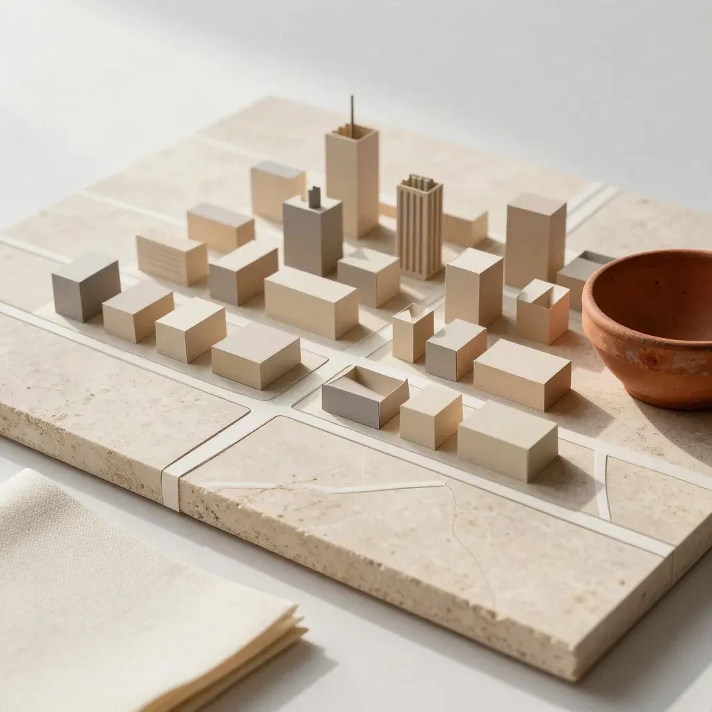 Modello di isolati e incroci su lastra chiara con tessuto canvas e ciotola in terracotta.