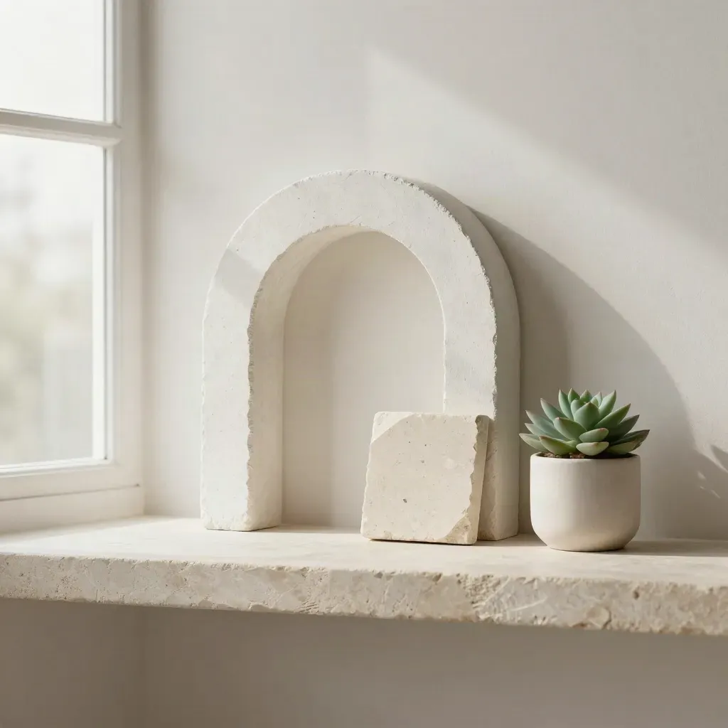 Frammento d’arco in gesso, campione di pietra chiara e succulenta in tazza ceramica su fondo avorio.